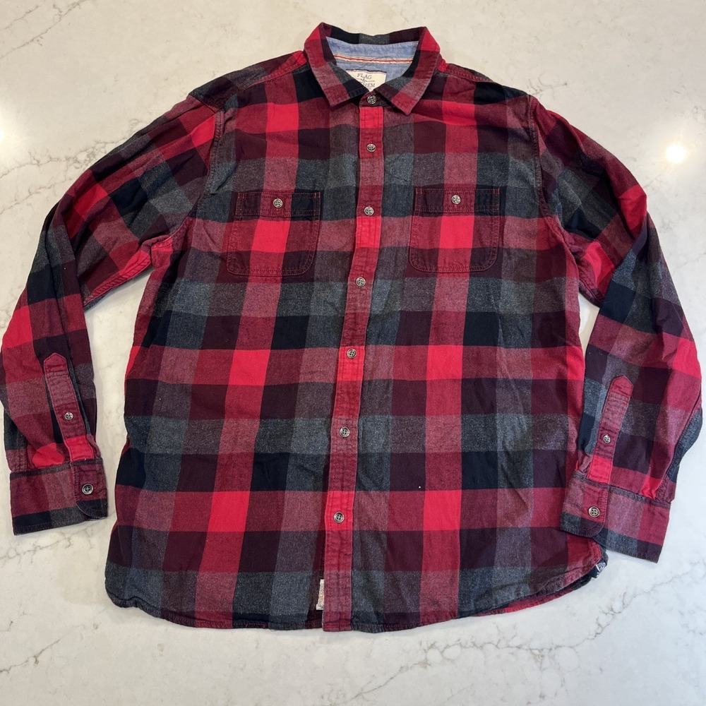 Flag & Anthem Flannel Shirt Red Gray Black Plaid Double Chest Pockets Men's XL